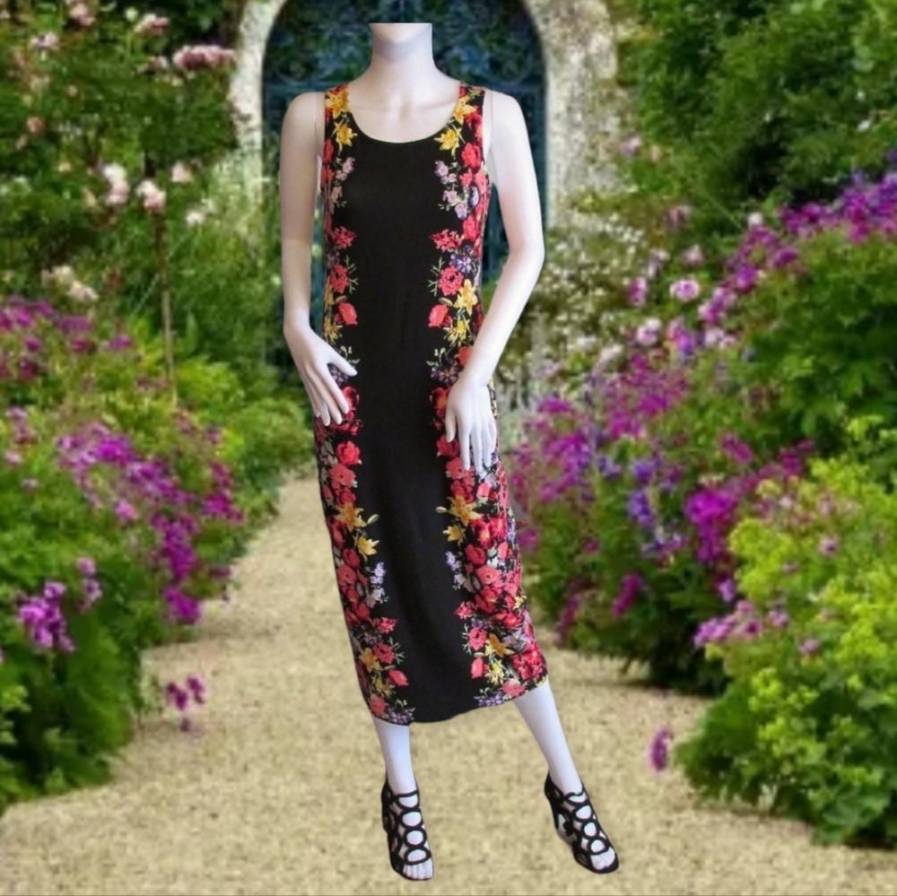 Black and Colorful Floral Midi Dress Dead Stock